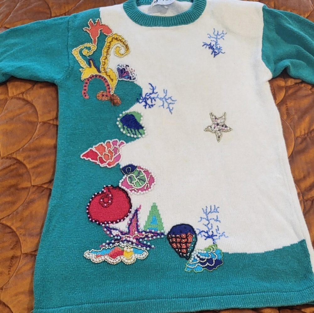 Vintage Joyce Beaded Seashell Sweater Grannycore, Teacher, Novelty Whimsy